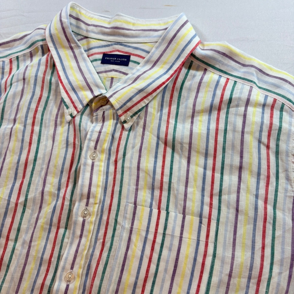 Proper Cloth Linen Shirt Mens 2XL Rainbow Stripe Button Down Long Sleeve Casual